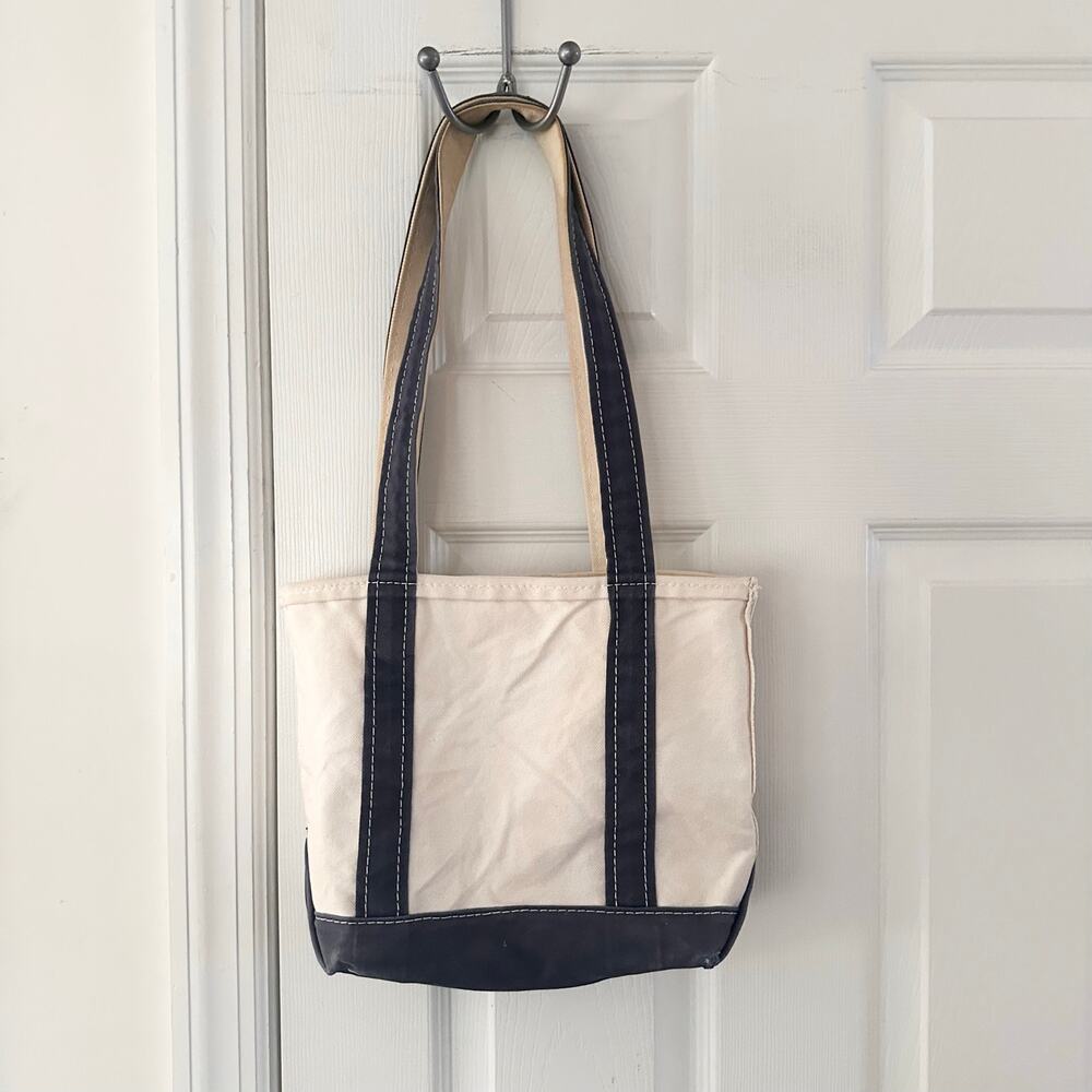 LL Bean Navy Blue Cream Vintage Boat N Tote Top Zip Medium Canvas Tote